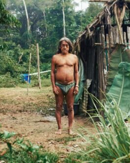 Elder man standing outdoors near a rustic shelter in a lush tropical environment. 