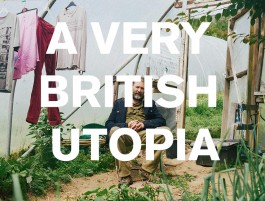 Man sitting in a garden with clothes hanging, representing British utopia. 