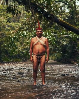 Indigenous man in traditional attire standing in a river surrounded by lush forest, showcasing cultu. 