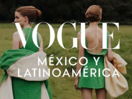 Vogue México y Latinoamérica cover showing two models in green dresses standing in a field, with bold Vogue text across. 