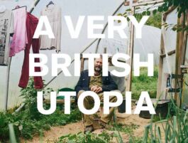 Man sitting in a garden with makeshift greenhouse and laundry, British lifestyle scene. 